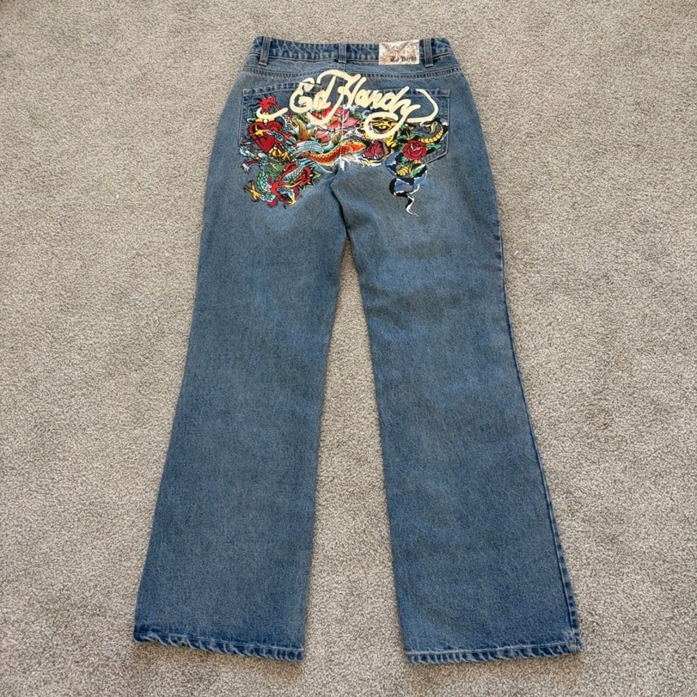 Ed Hardy Y2K Jeans Koi Tiger Tattoo Graphic Womens 28 Wide Leg Baggy Grunge